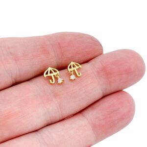 Vintage Sterling Silver 925 Gold Tone Umbrella Cubic Zirconia Stud Earrings